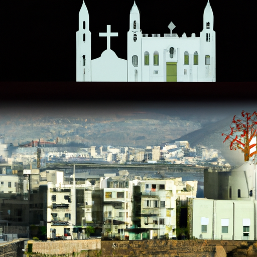 A panoramic view of modern-day Bethlehem juxtaposed with illustrations of historical events