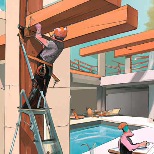 תמונה המציגה איש מקצוע שמתקין גג מעל בריכה, המתאר את מורכבות התהליך.